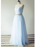 Strapless Sky Blue Pleated Tulle Long Prom Dress With Beaded Belt